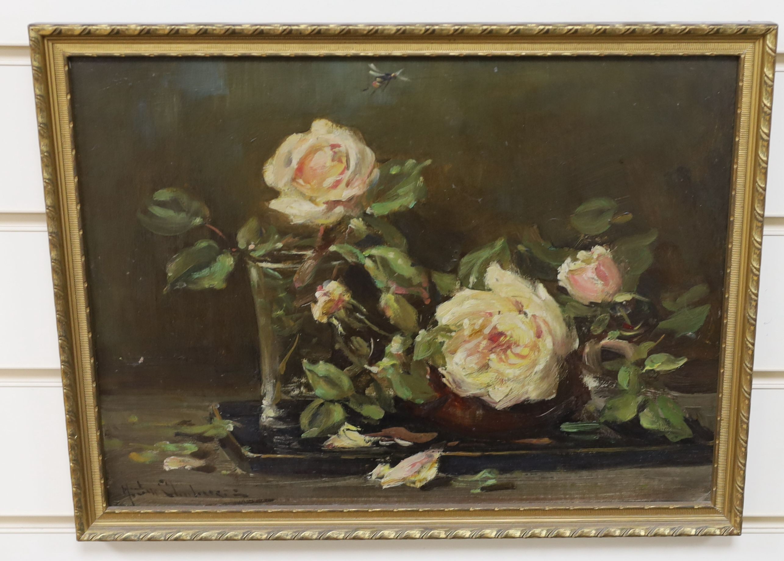 Hector Chalmers (1849-1943), oil on board, Still life of roses on a table top, signed, 28 x 38cm